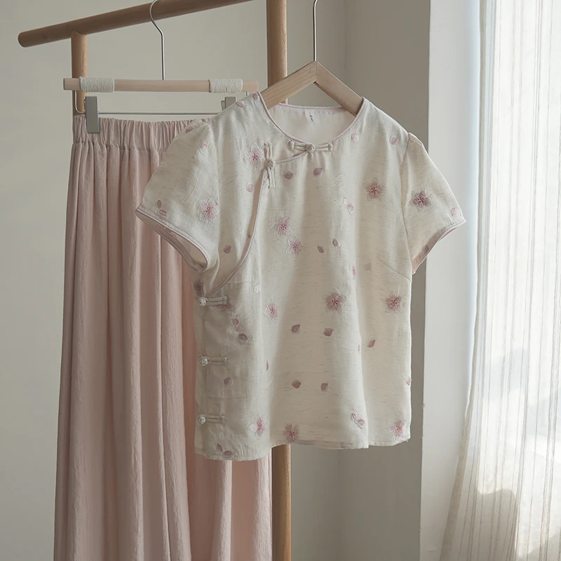 4777《星河映月》原创新中式国风刺绣斜襟衬衫2025夏季文艺上衣