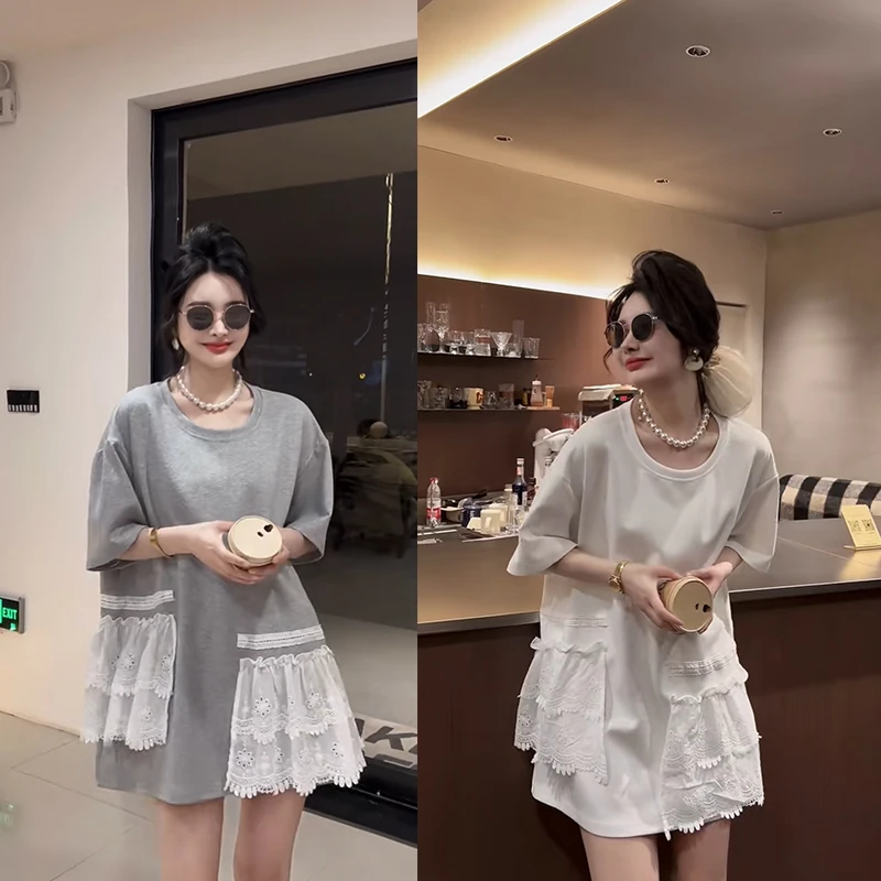 蕾丝短袖休闲风拼接T恤休闲减龄百搭韩版夏季圆领宽松
