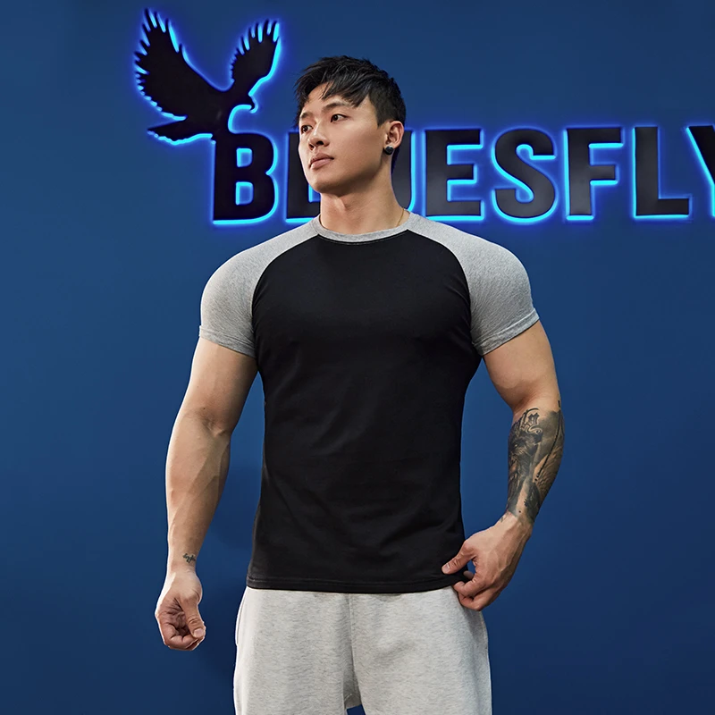 BLUESFLY健身运动短袖t恤男半袖插肩训练跑步上衣高弹抗皱潮牌