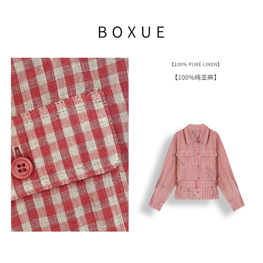 BOXUE “灵砂红格” 2025春季新款100纯亚麻轻奢衬衫 #250303CS716