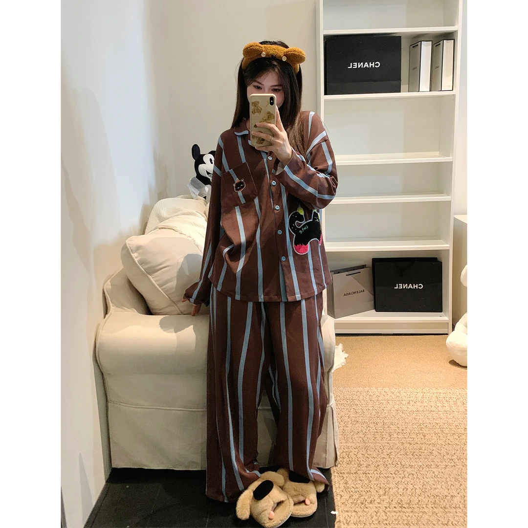 睡衣女春秋季2025新款长袖条纹印花小猫刺绣纯棉可外穿家居服套装