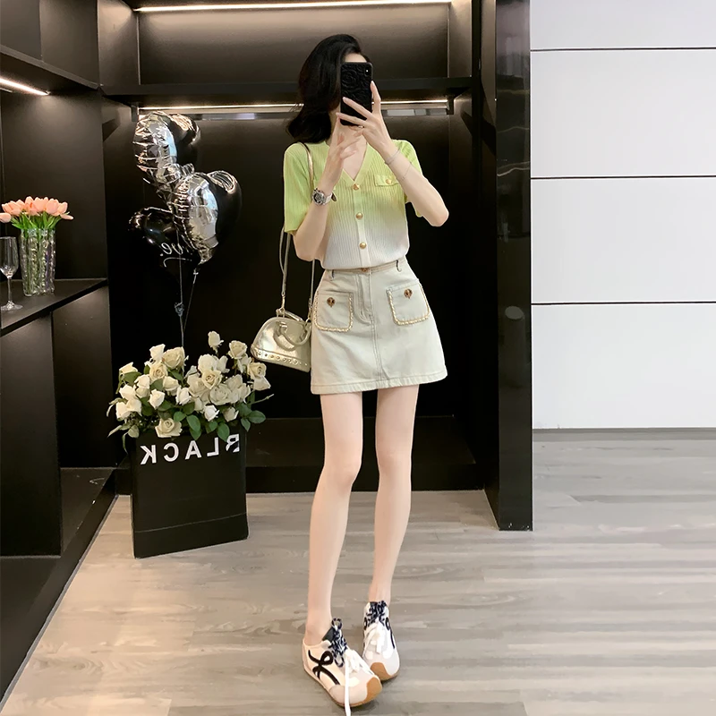 高级感时尚休闲套装女夏新款欧美风渐变绿针织短袖半身短裙两件套