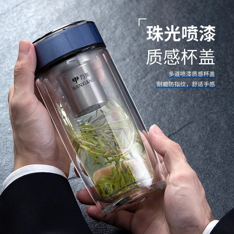 万象鹅蛋双层玻璃杯商务水杯男士高档家用车载专用大容量新款茶杯