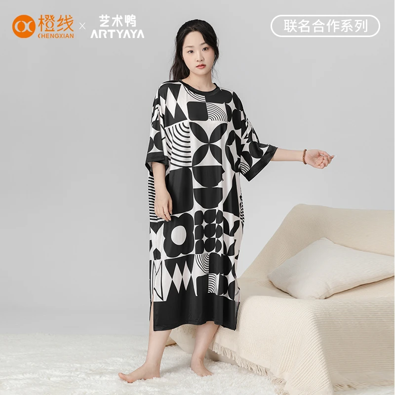 chengxian/橙线艺术鸭繁花似锦大裙子夏款宽松时尚休闲睡裙FZ-023
