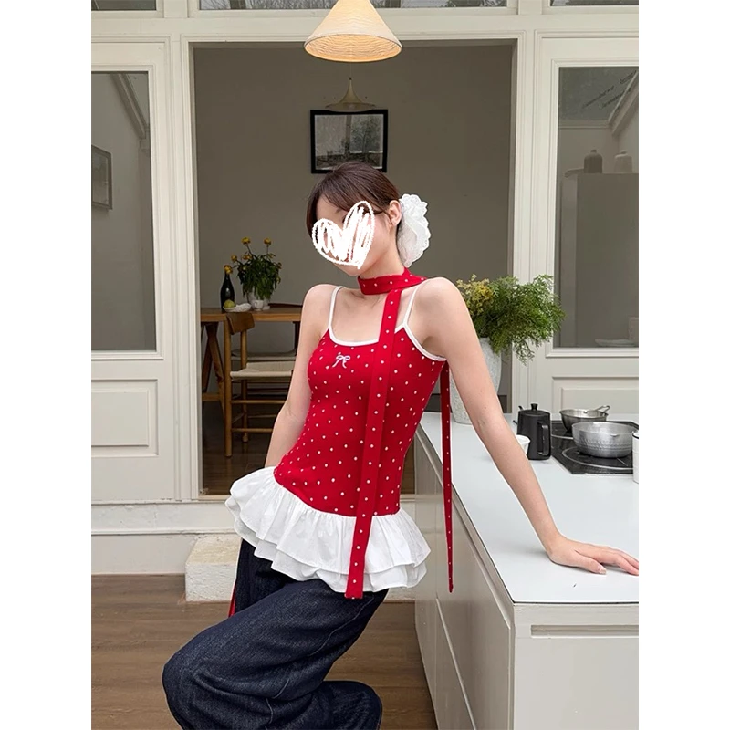 芭蕾风红色波点蝴蝶结吊带背心女装夏季设计感拼接荷叶边飘带上衣
