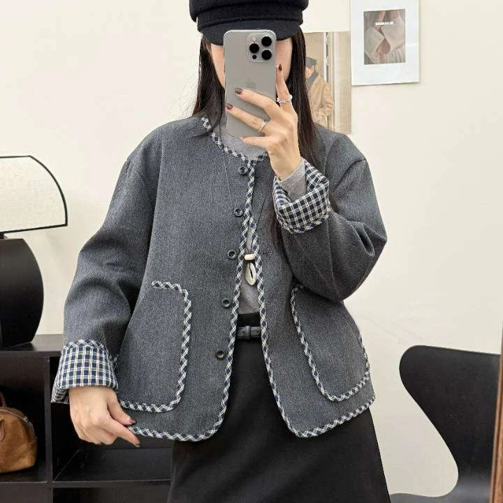 新款时尚香风毛呢外套女2025年秋冬韩版设计感袖口拼接格子洋气