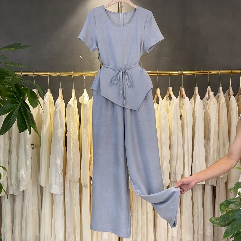 X7060 复古风收腰显瘦短袖圆领高腰显瘦阔腿长裤两件套