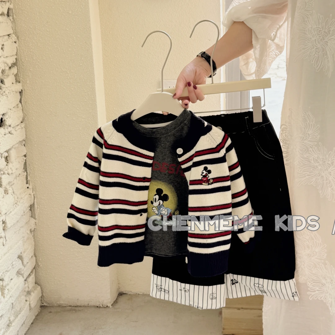 【陈么么】2025秋季休闲百搭针织开衫套装儿童卡通小童帅气三件套