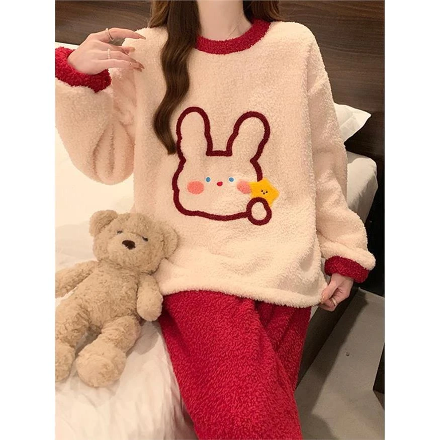 半边绒睡衣女款秋冬季加绒加厚卡通可爱红色小兔珊瑚绒家居服套装