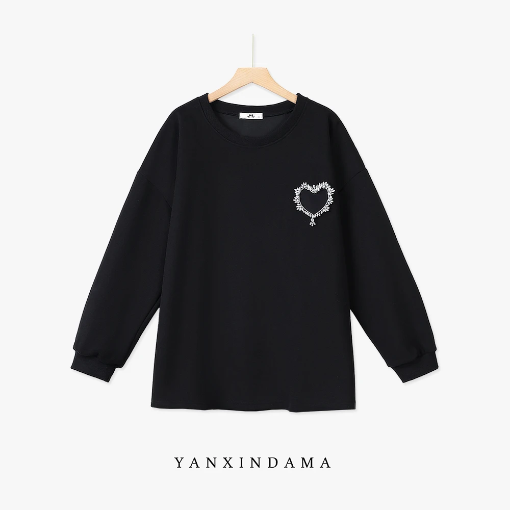 【岩心】大码女装300斤胖MM韩版圆领亮钻爱心装饰设计感卫衣63385