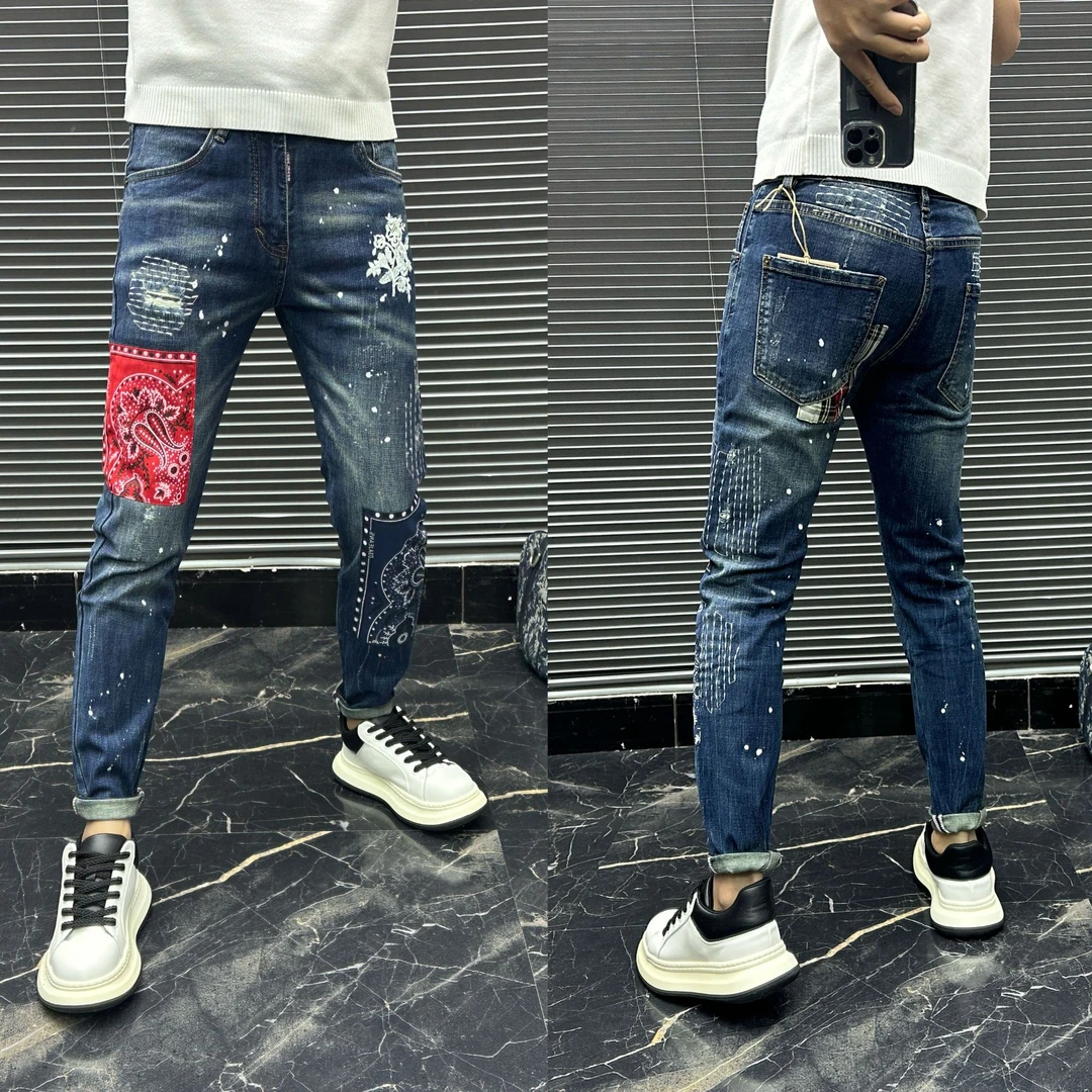 欧货重工艺拼接补丁男士牛仔裤个性乞丐刺绣休闲秋冬季时尚痞帅潮