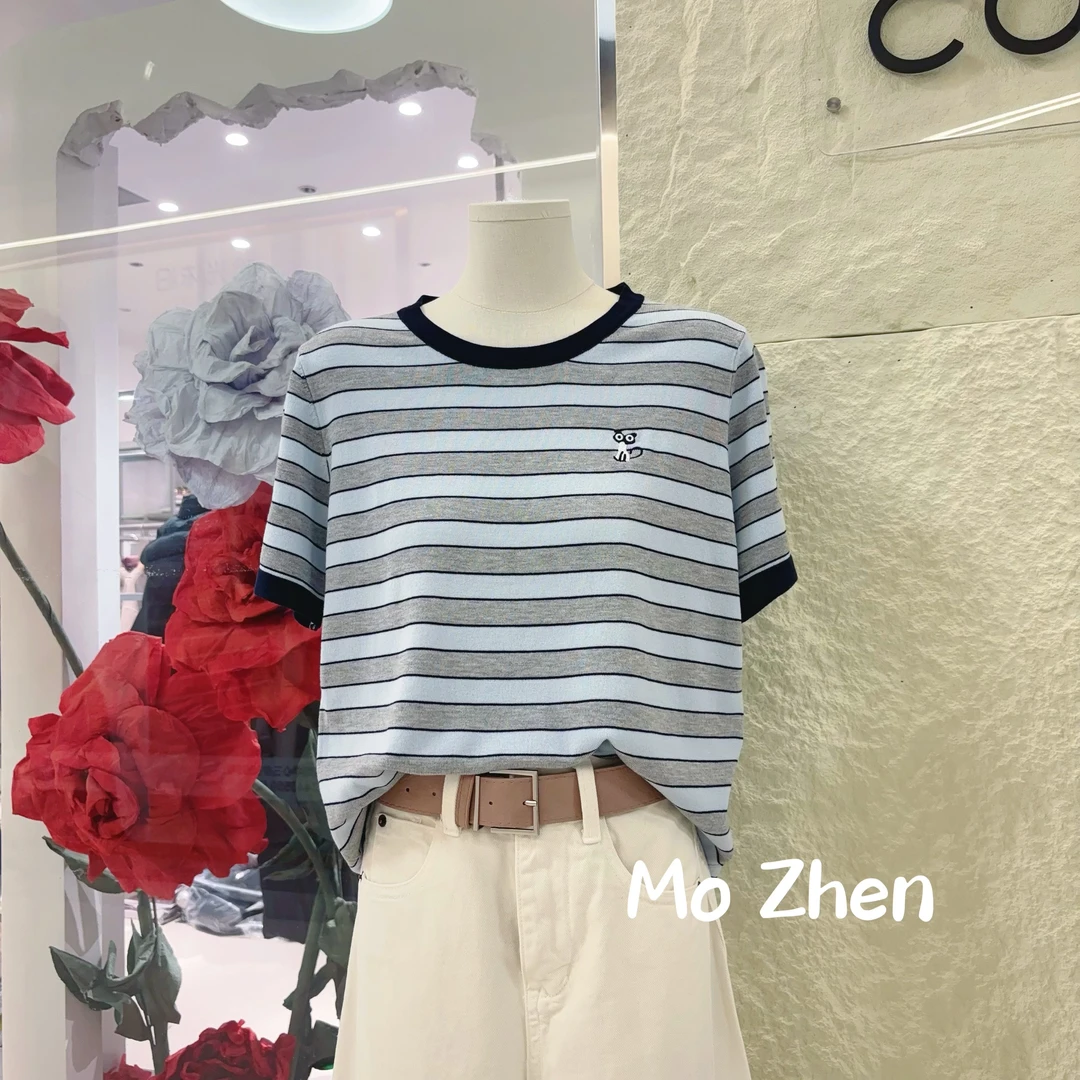 【墨臻精选】春季新款气质刺绣小猫条纹宽松百搭短袖针织衫 7892