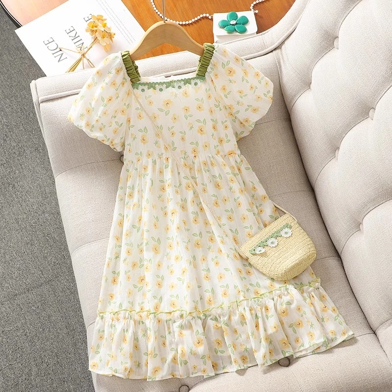 女童连衣裙夏款女大童碎花泡泡袖公主裙2025新款女孩方领夏季裙子