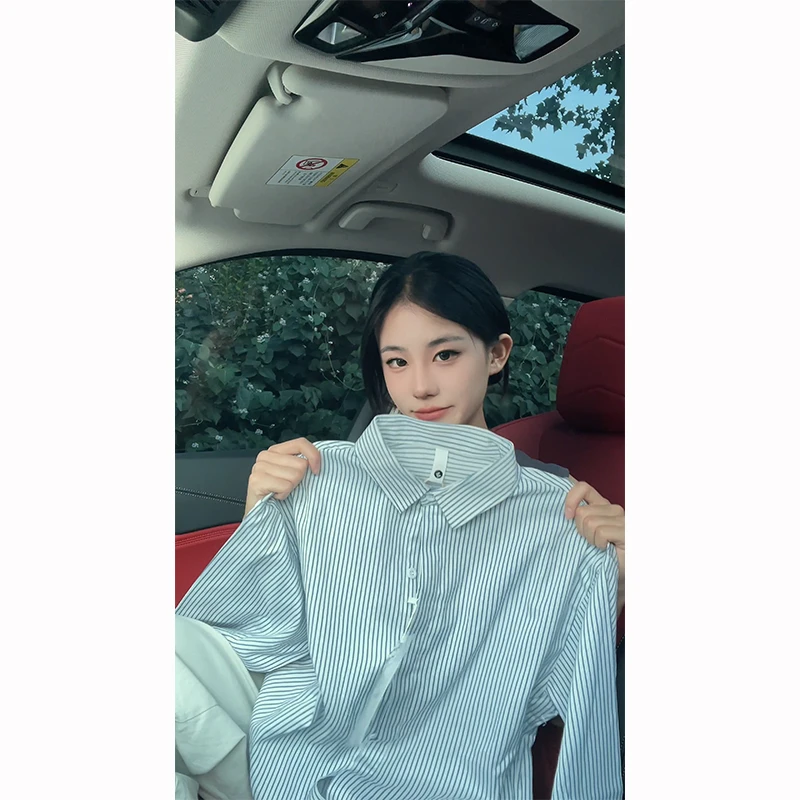 cleanfit蓝白竖条纹衬衫男女款少年感长袖衬衣高级感宽松情侣外套