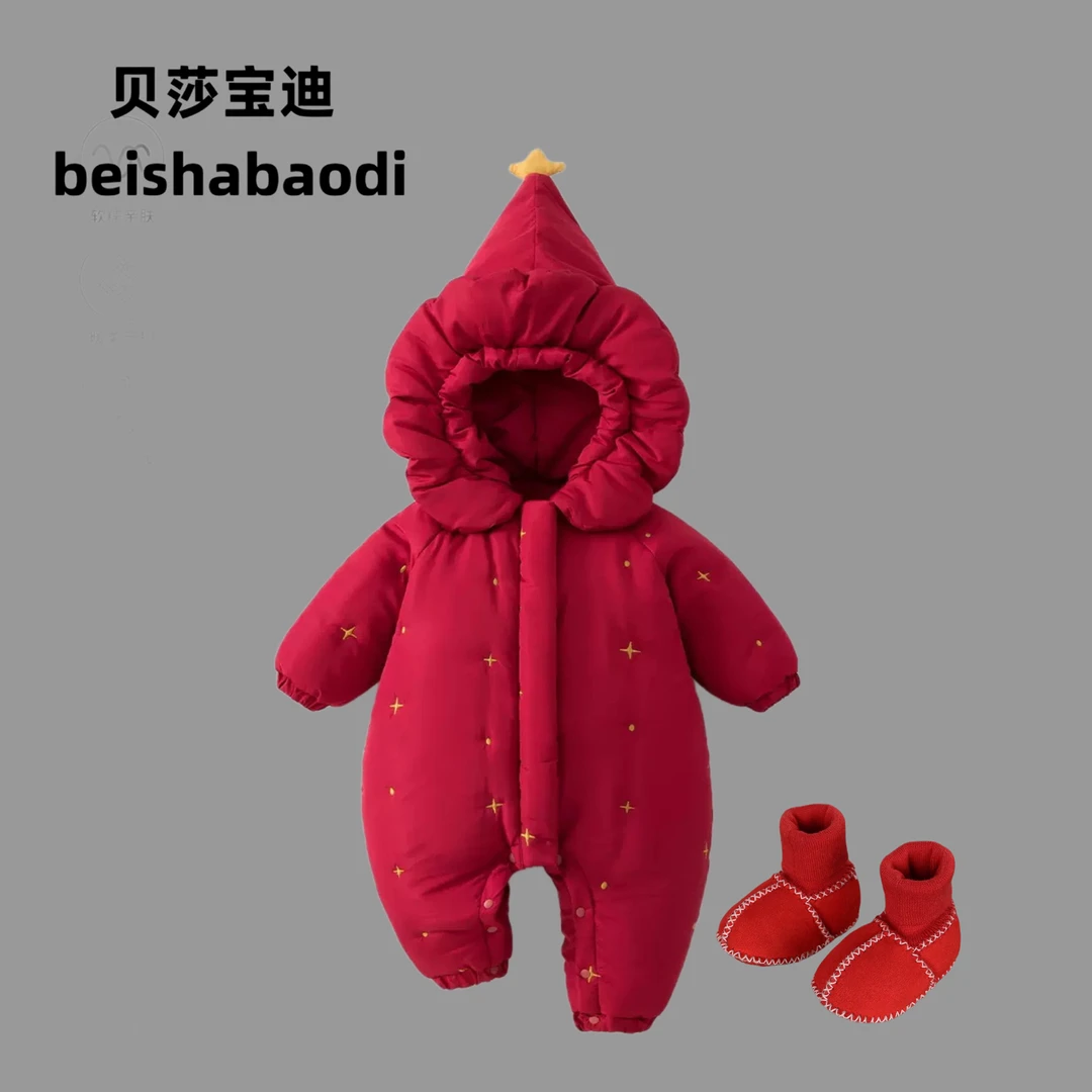 婴儿冬季棉衣拜年服哈衣女宝宝百天周岁洋气夹棉加厚爬服连体衣服