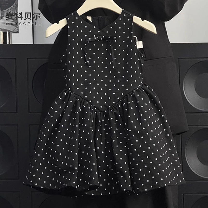 (内衬+拉链)女童黑色波点连衣裙夏季公主裙儿童背心裙