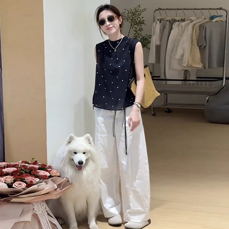 时尚套装女2025夏季新款洋气显瘦无袖波点衬衫阔腿裤气质两件套潮