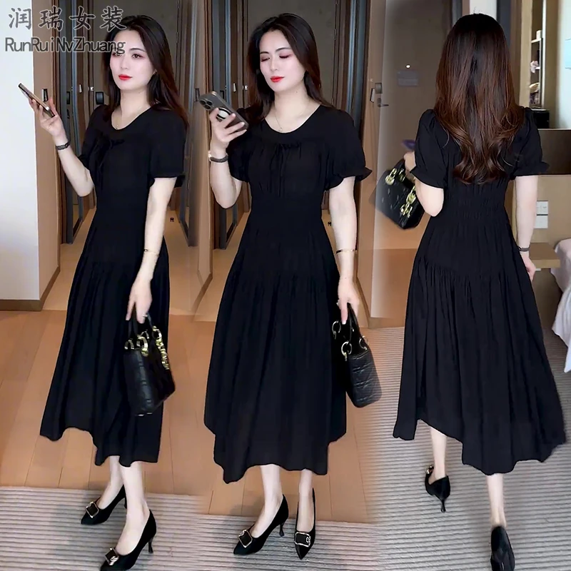 套头遮肚通勤简约法式气质连衣裙常规袖收腰夏季长裙显瘦裙子潮流