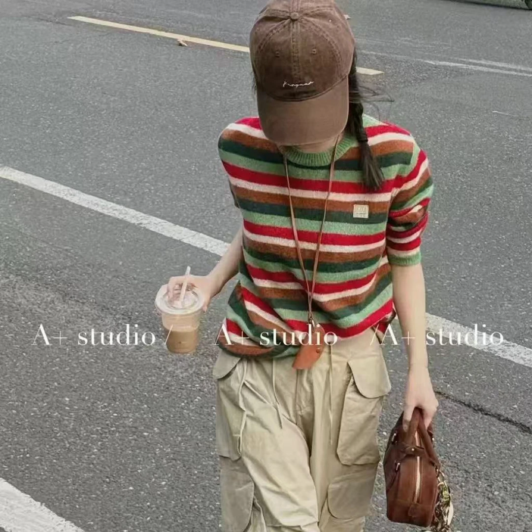 009杨老板定制款秋冬撞色多巴胺条纹毛衣