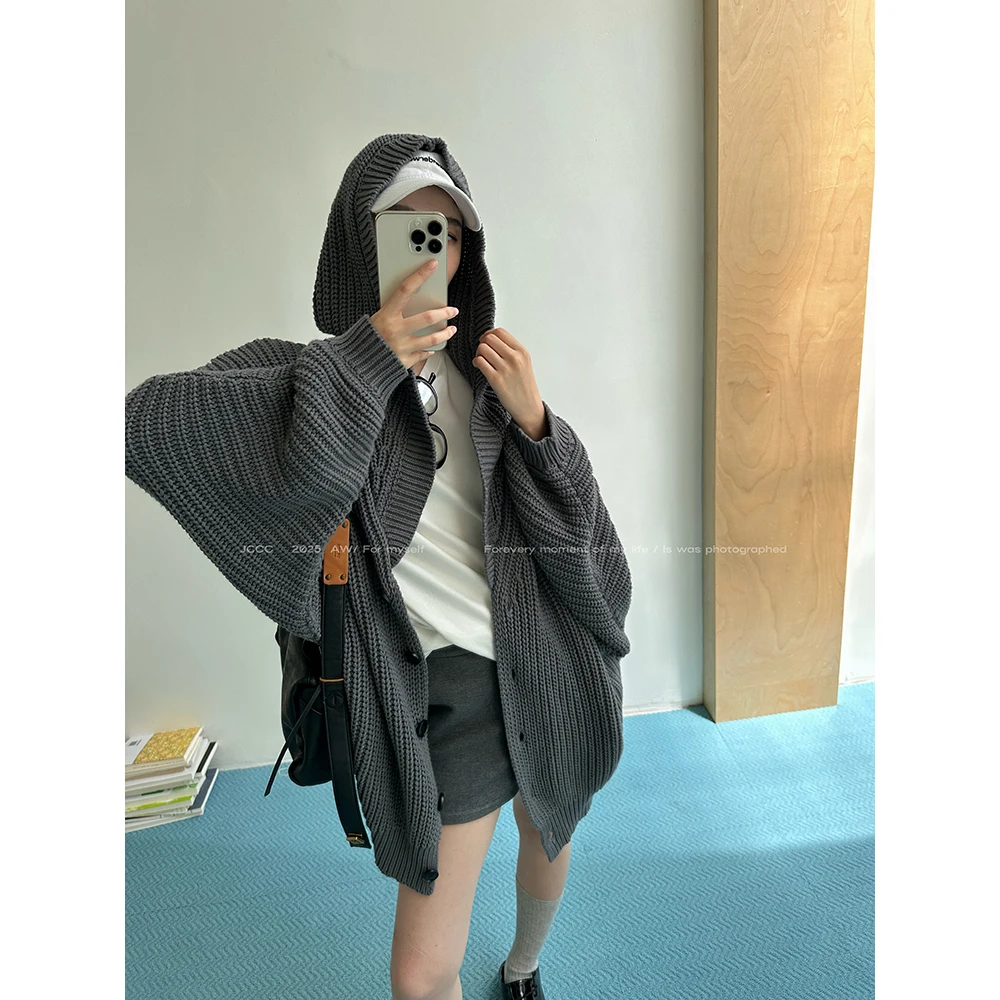 JCCC影子【编织记忆】灰色复古慵懒宽松肌理感连帽毛衣开衫JE5BBS18