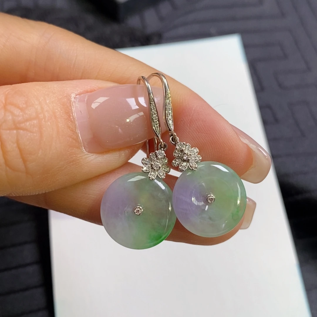 翡翠18K金镶嵌耳饰春彩扣子耳钩