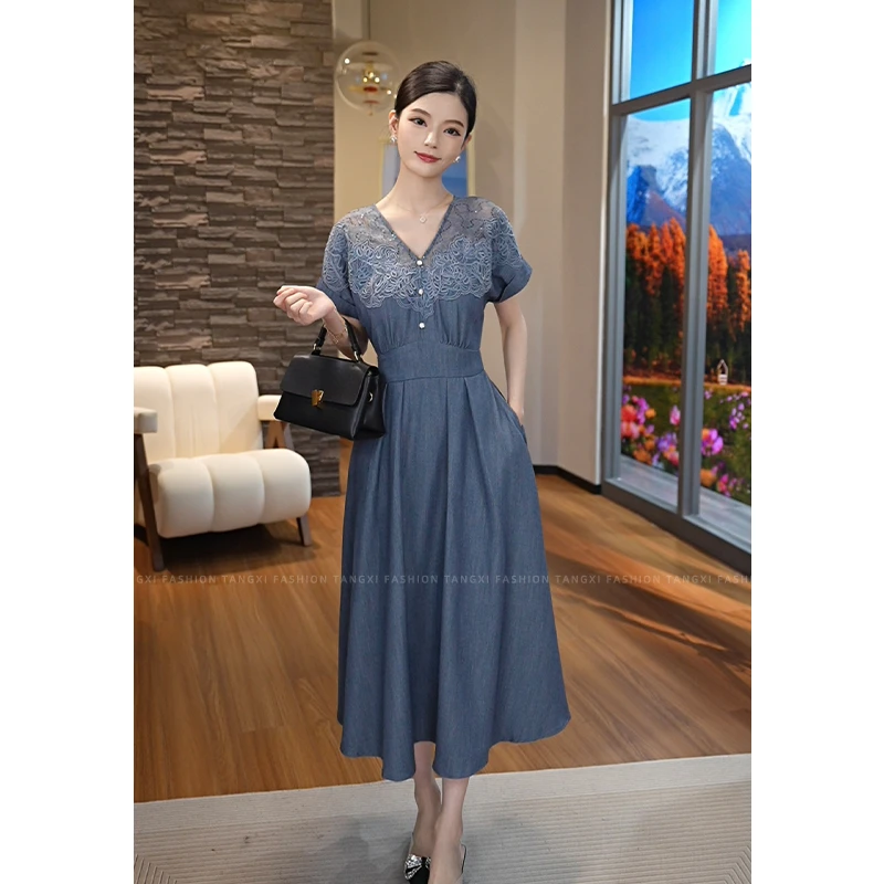 2025年夏季预售新款【X-X335】蕾丝气质显瘦收腰蓝色中长款女连衣裙