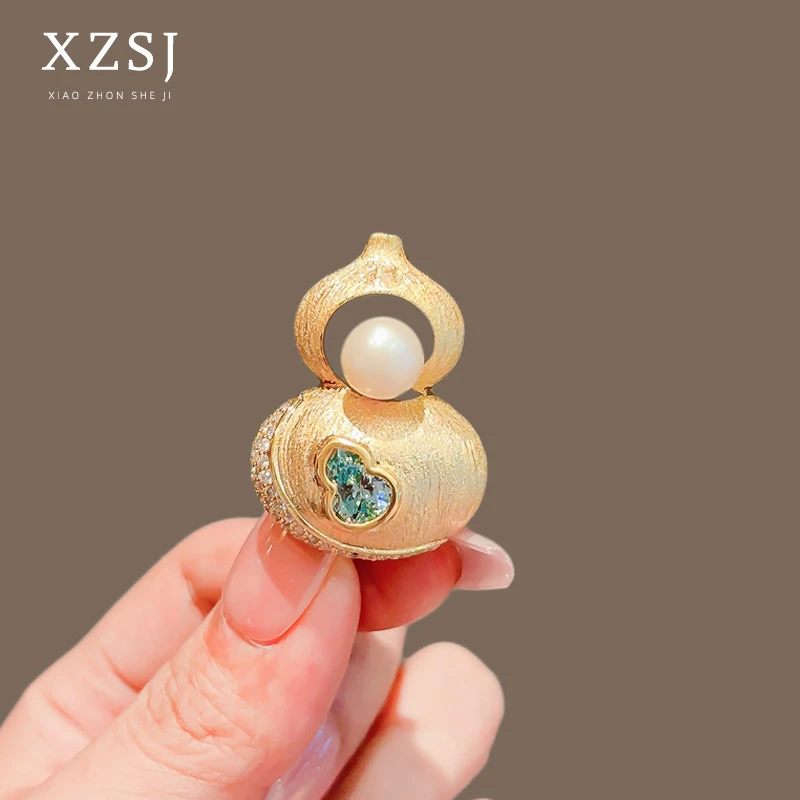 铜锆石胸针 【金葫承福】原创哑金色拉丝葫芦别针轻奢西装配饰胸花
