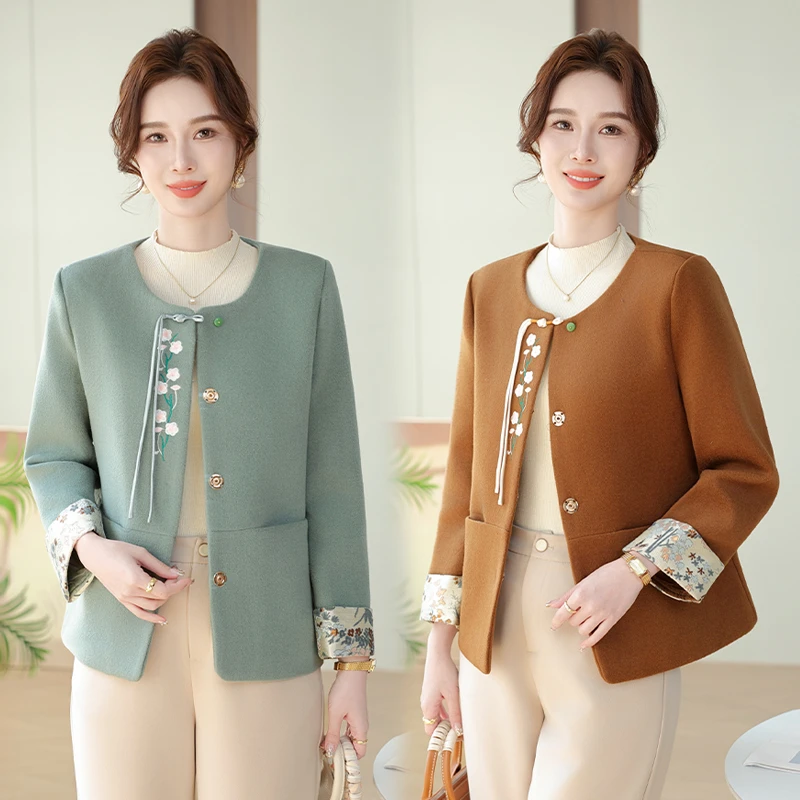 妈妈小香风秋装上衣新中式绣花毛呢外套中年女装国风春秋季夹克衫