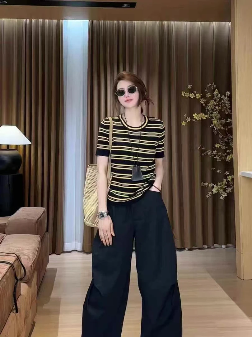 56728＃夏季新款薄款条纹简约宽松显瘦时尚韩版上衣纯色短袖女洋气