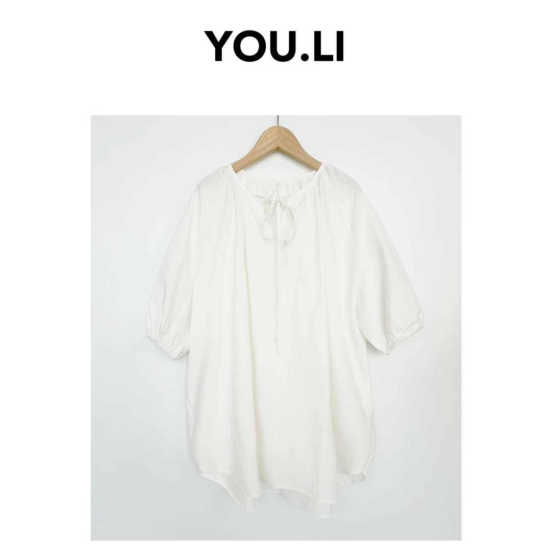 菲林假日 ▏前系带廓形感棉麻天丝宽松舒适自然套头泡泡袖娃娃衫