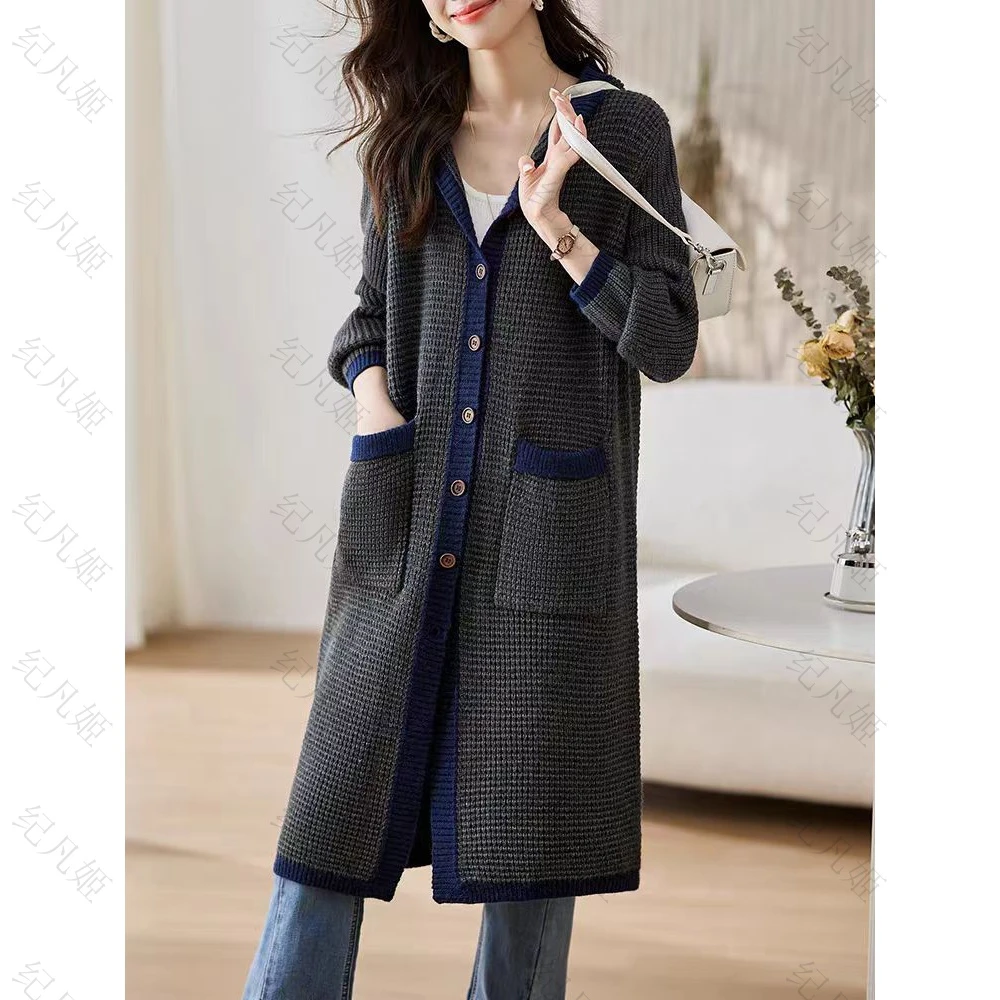 纪凡姬/3399-春季气质纯色毛衣长款针织开衫外套