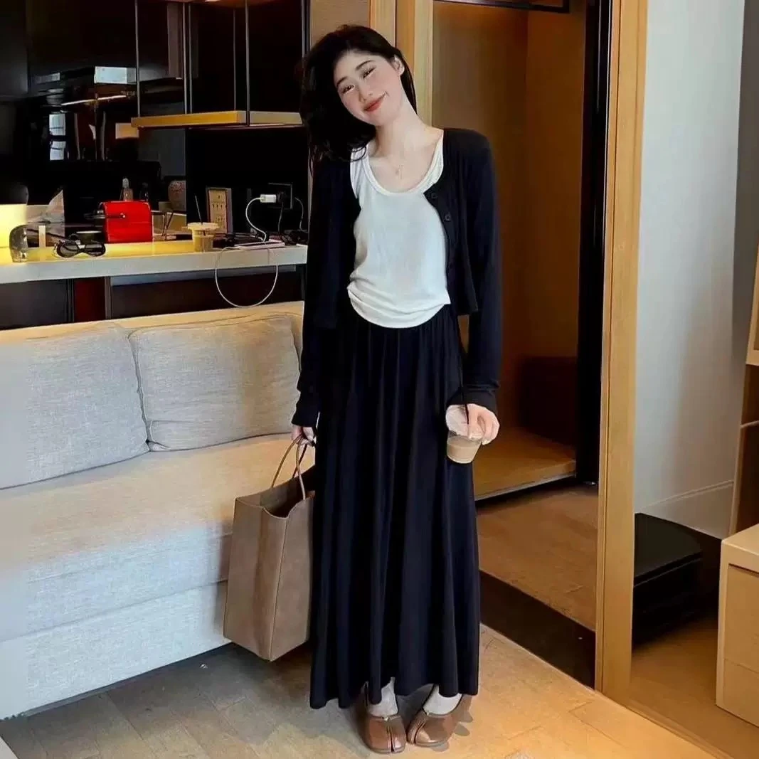 【李姑娘专属】1178百搭开衫+背心+显瘦高腰半身裙三件套套装
