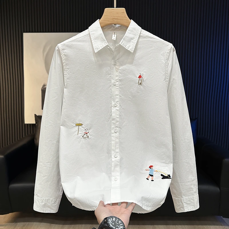 春秋季新款刺绣长袖衬衫男时尚百搭休闲宽松纯棉翻领男装衬衣外套
