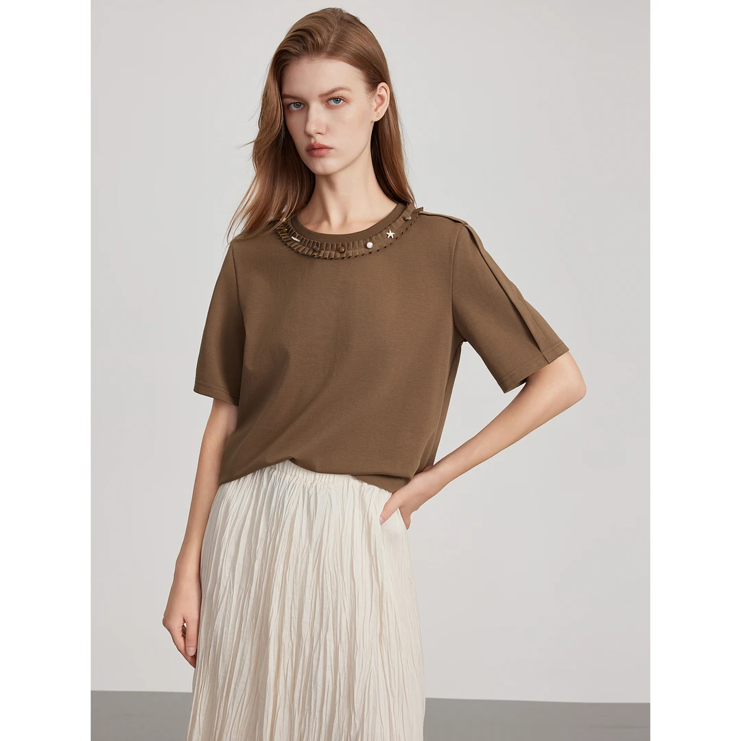 【达人专属】ELLE法式设计感压褶时髦短袖25夏新款气质小众ET51622