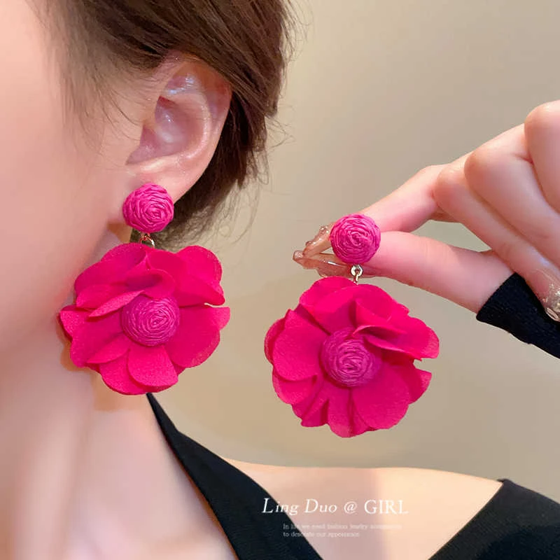 合金耳饰  秋冬玫红花花夸张耳环高级感小众设计感高级感耳饰