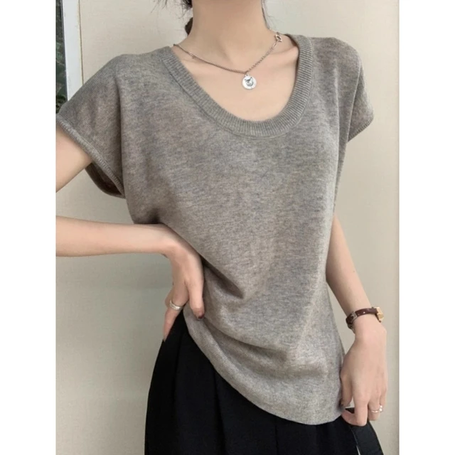 别致U领软糯针织衫短袖女春夏季chic漏锁骨打底内搭T恤慵懒风上衣