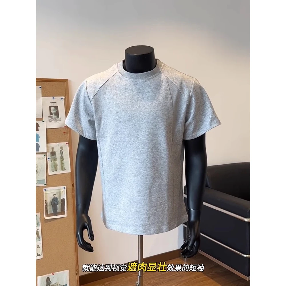 重磅太空棉拼接空气层boxy正肩短袖t恤男夏季美式潮牌宽松五分袖