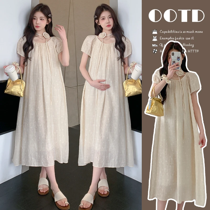 2025夏季孕妇装新款圆领短袖长款孕妇连衣裙气质显瘦外穿休闲百搭
