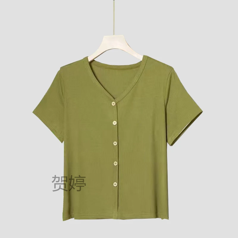 短袖简约V领凉感清新女T恤纯色舒适抗皱夏季轻职风