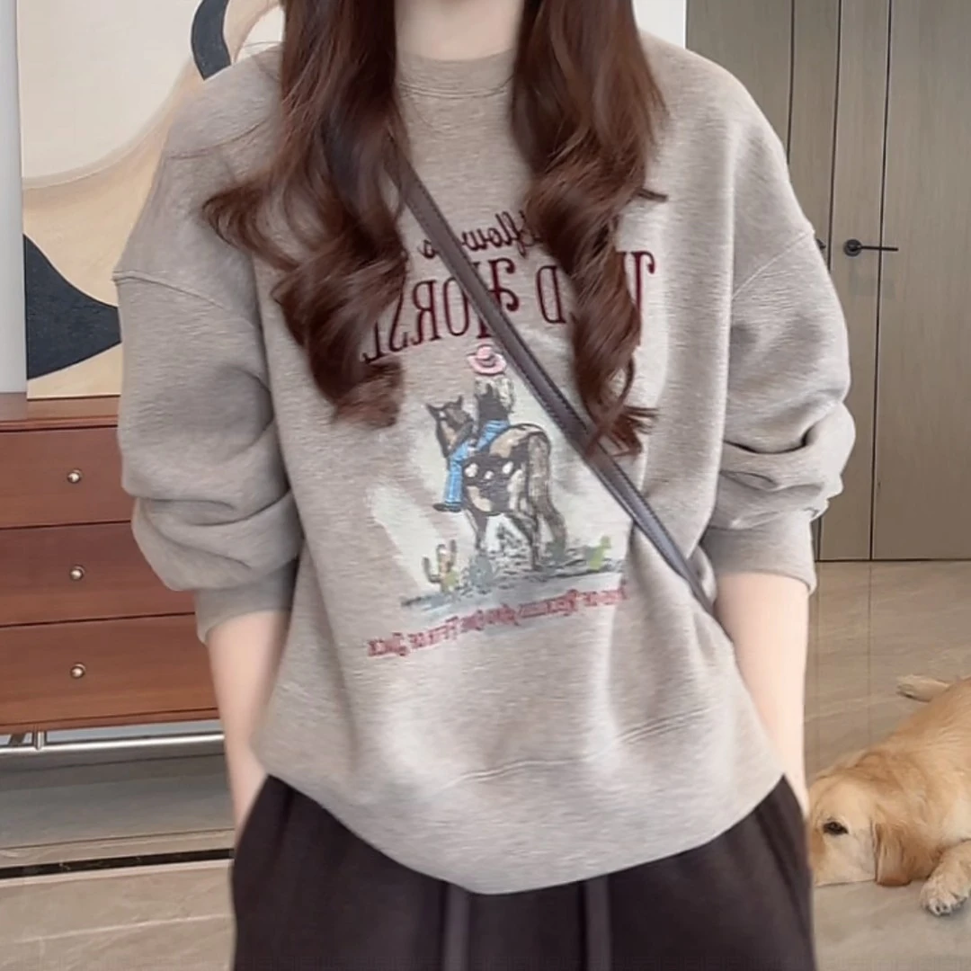 欧货时尚复古撞色无帽圆领卫衣女秋冬印花字母宽松百搭叠穿上衣潮