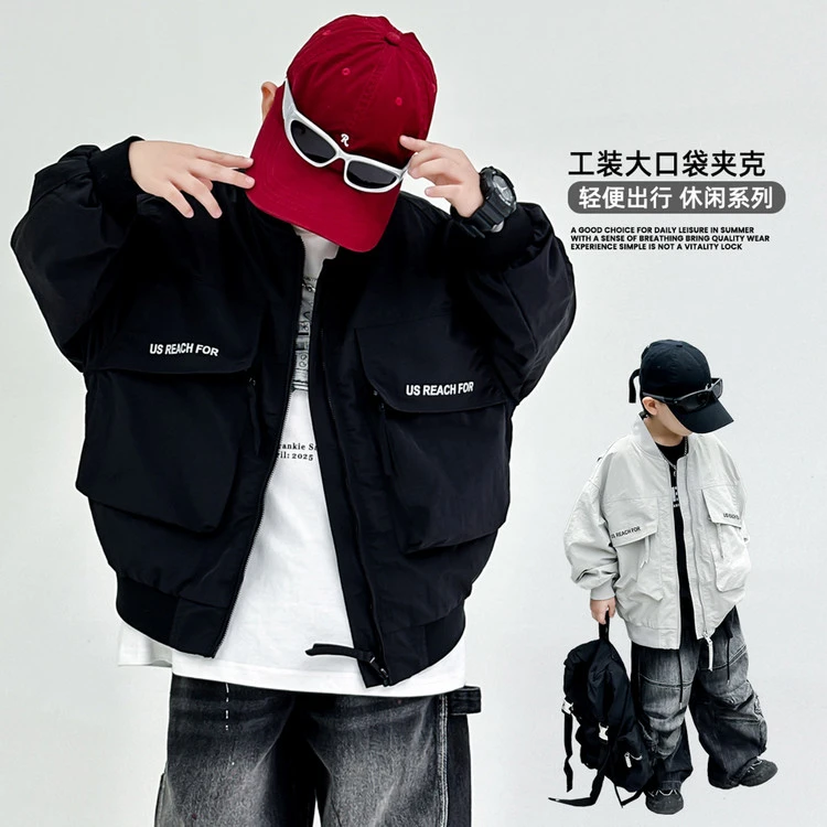 【秋款上新】儿童长袖外套中大童纯色刺绣时髦痞帅宽松男女童夹克潮