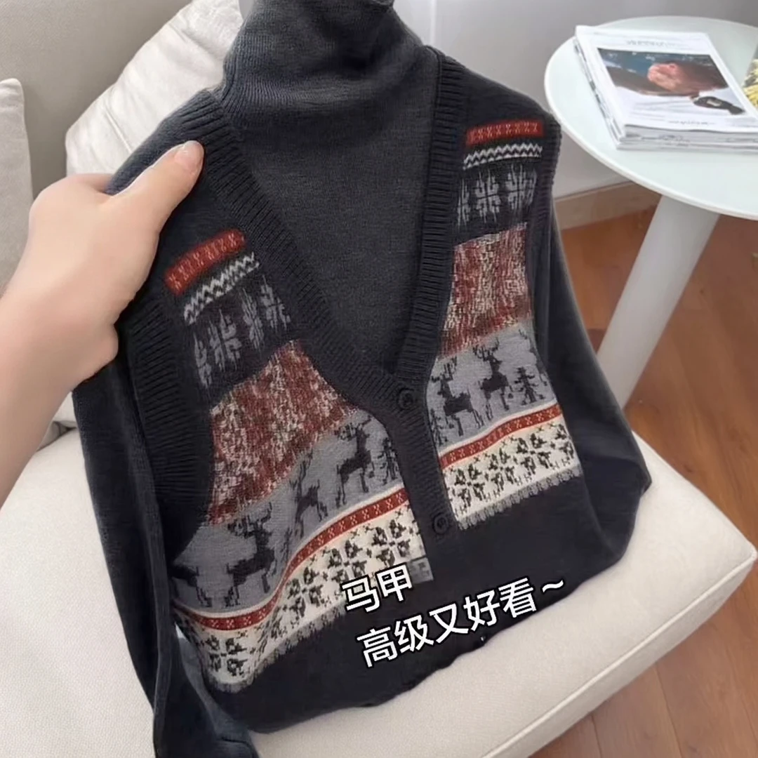 麋鹿深灰马甲韩系复古提花时尚慵懒风高级感针织百搭背心上衣女