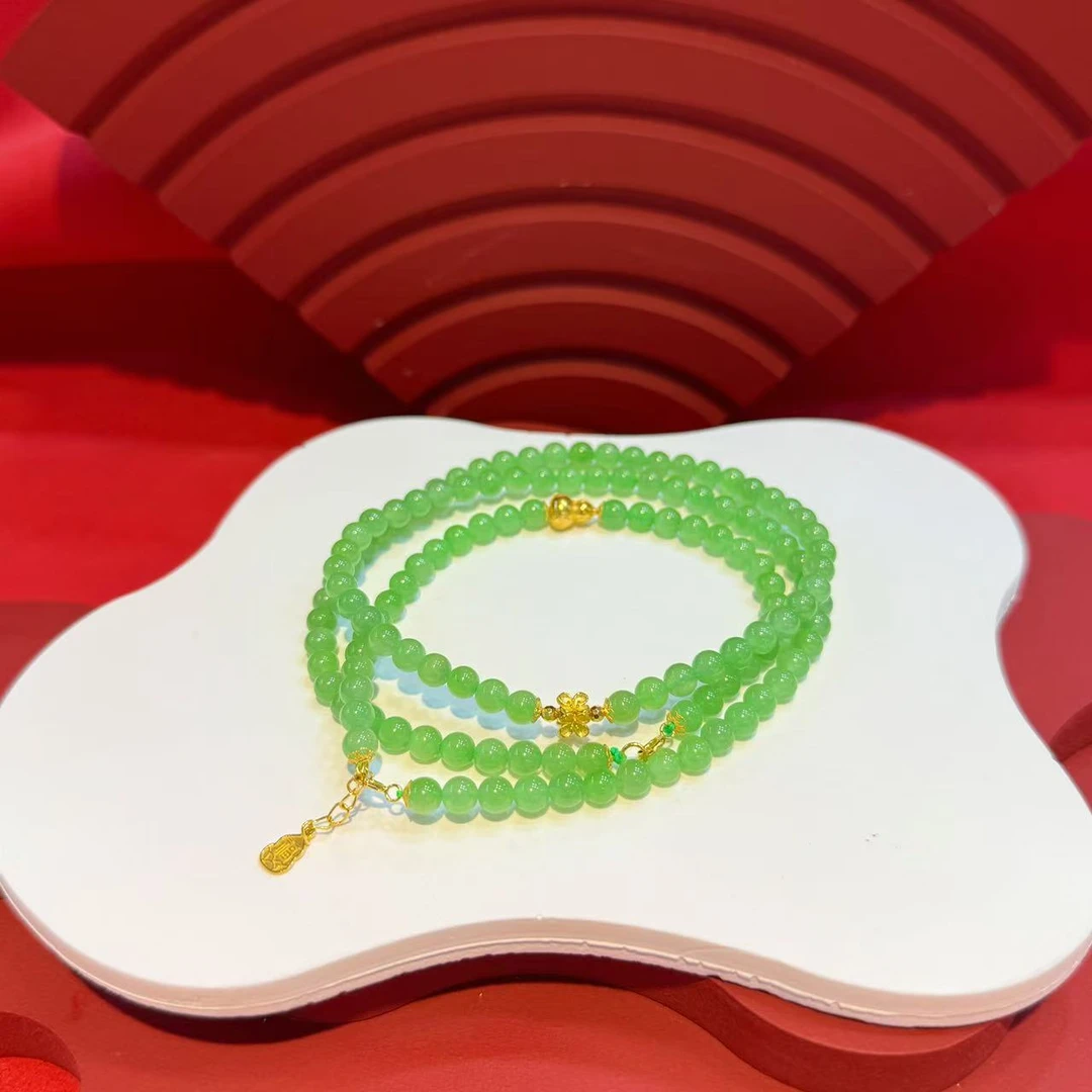 【4A高色】18K金配件5mm和田玉苹果绿串珠HNZ11333