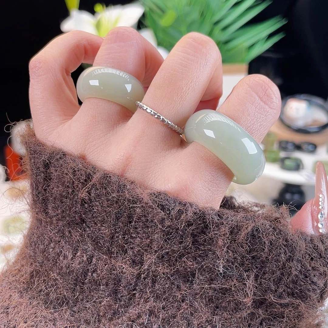 和田玉未镶嵌戒指E65牛奶布丁墩墩18.3带24h