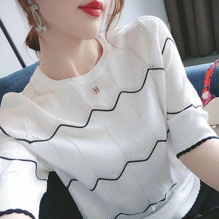 夏季女装2025新款短袖t恤女韩版百搭显瘦条纹针织衫上衣潮