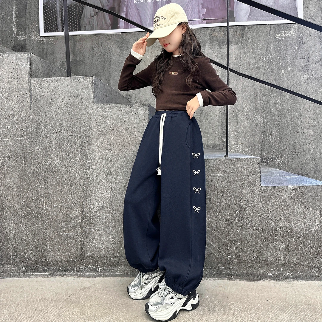 女童秋冬季时尚洋气加绒蝴蝶结卫裤2025新款中大童时髦百搭休闲裤