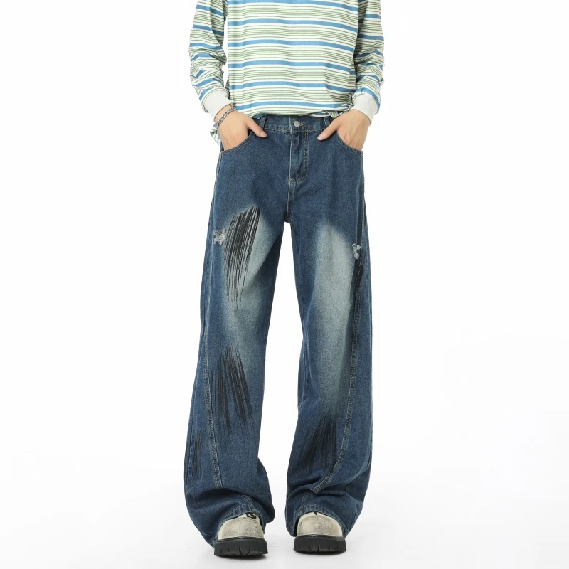 美式高街脏染抓痕渐变牛仔裤男2025新款街头潮牌复古水洗直筒长裤