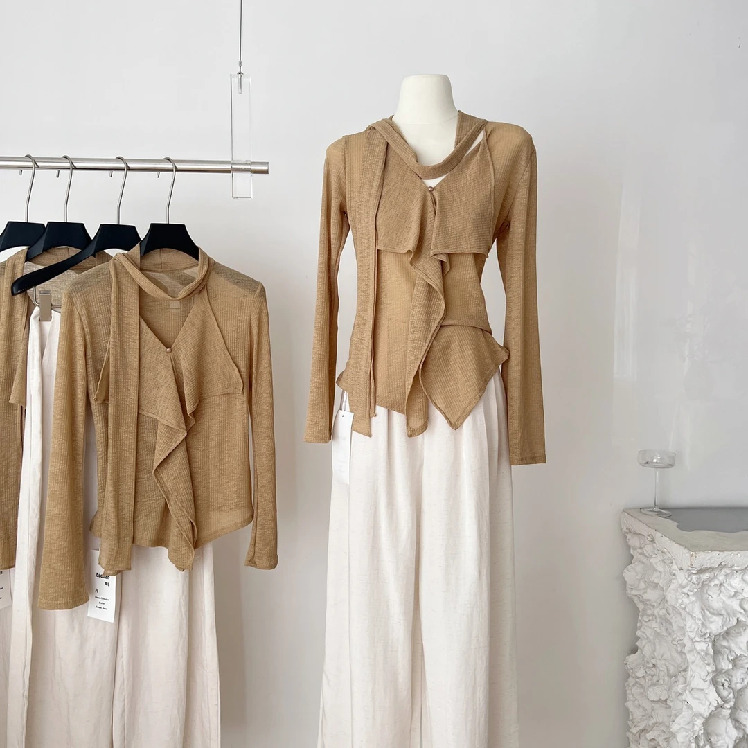 闺蜜喜入秋松弛系设计感飘带领小衫+休闲裤女2025秋季套装3761