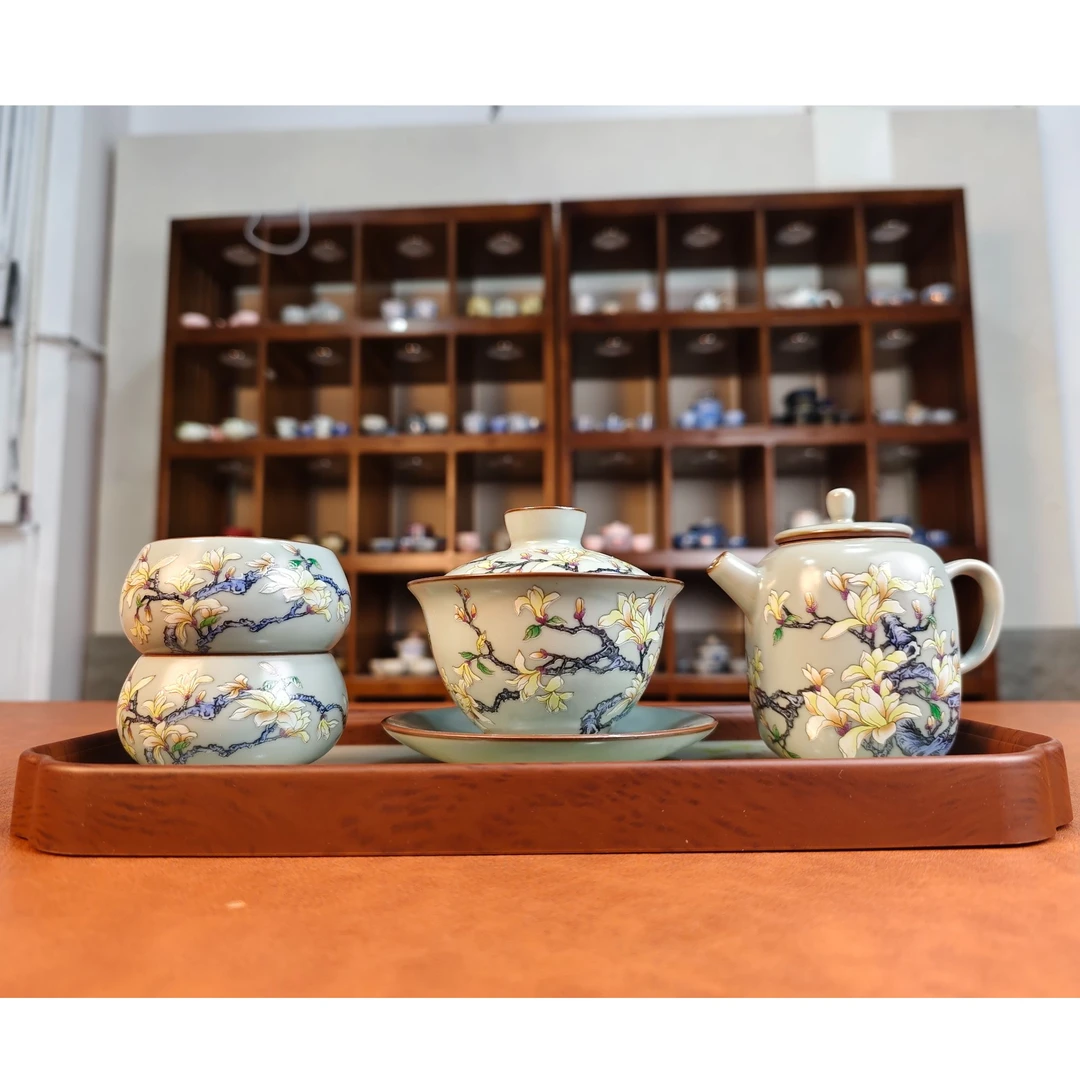 汝窑玉兰花陶瓷茶具套装带茶盘mc087