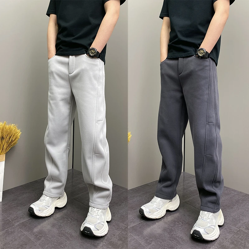秋冬加绒加厚简约百搭弯刀休闲裤男士高级感宽松显瘦直筒运动卫裤